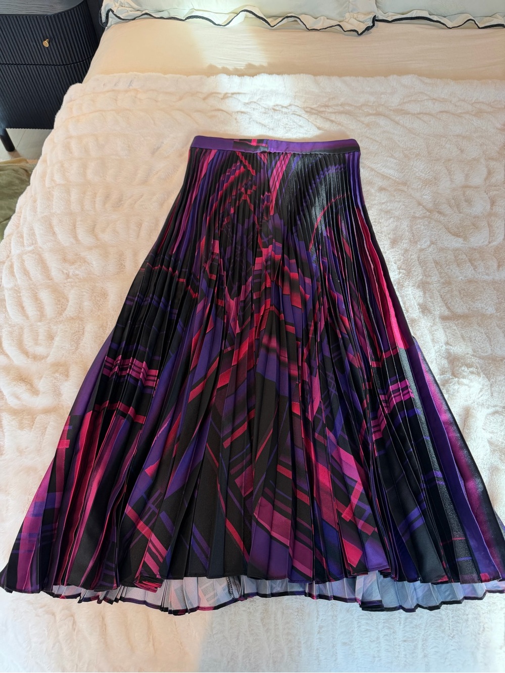 Milly Geometric Pleated Midi Skirt in Black, Purple & Pink